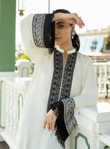 Off-White Long Kurta Set with Black Embroidered Neckline & Fringe Cuffs img 20261008 wa0017